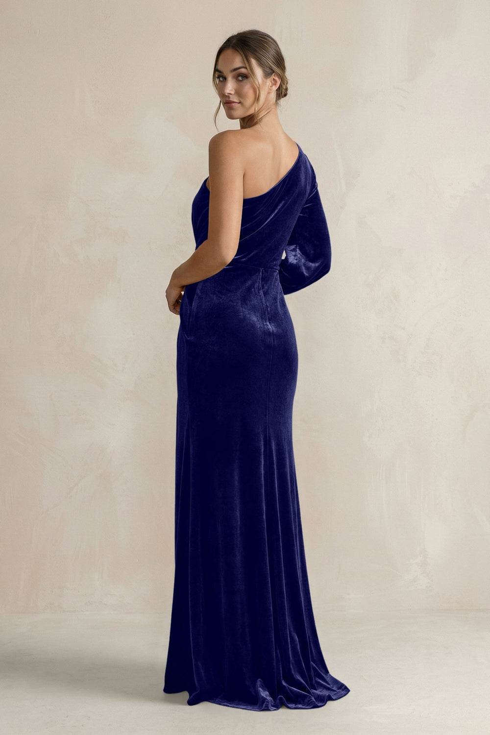 Velvet One Shoulder Sheath Long Sleeve Bridesmaid Dress in Navy - KissProm Bridesmaid Dresses