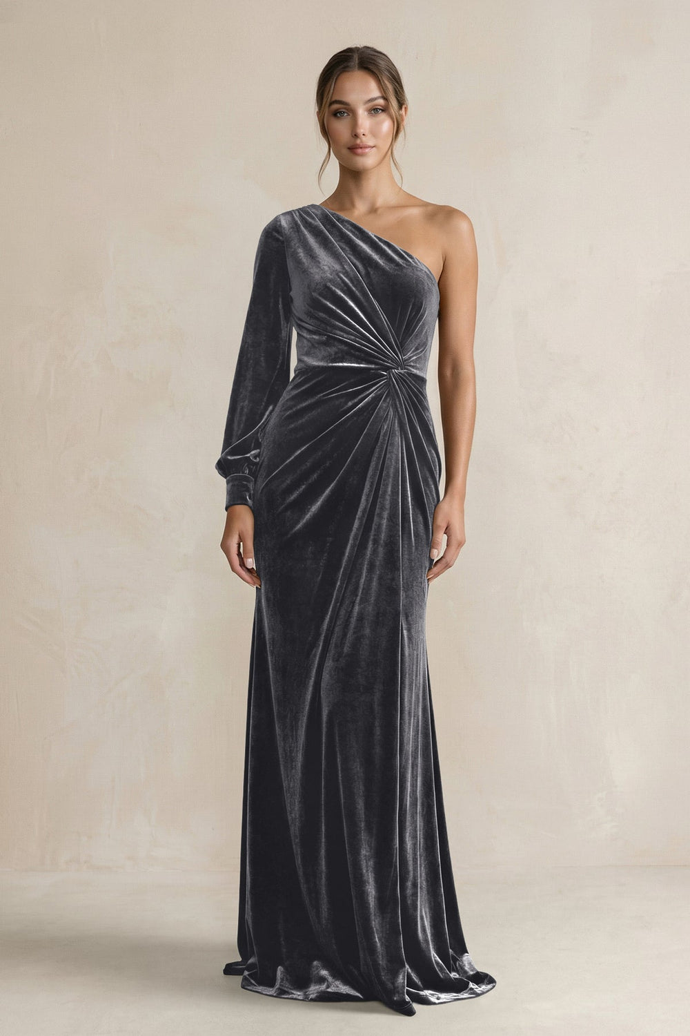 Velvet One Shoulder Sheath Long Sleeve Bridesmaid Dress in Neptune - KissProm Bridesmaid Dresses