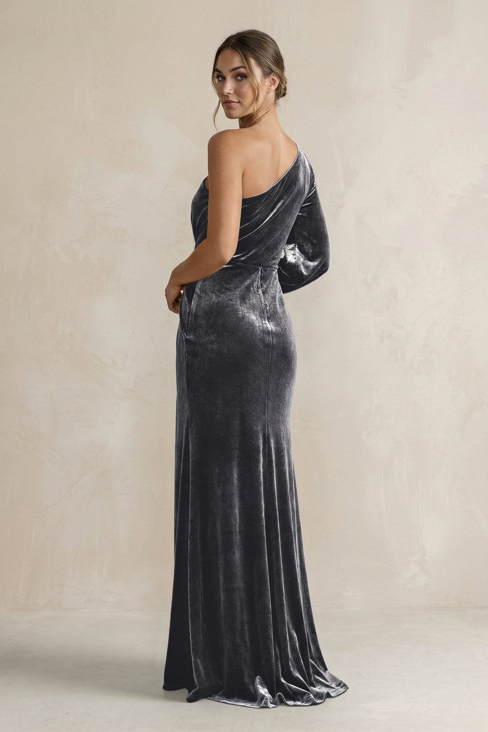 Velvet One Shoulder Sheath Long Sleeve Bridesmaid Dress in Neptune - KissProm Bridesmaid Dresses
