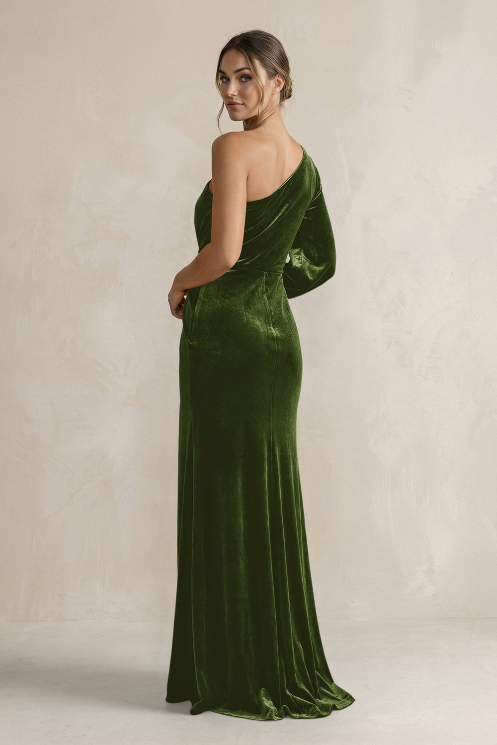 Velvet One Shoulder Sheath Long Sleeve Bridesmaid Dress in Olive - KissProm Bridesmaid Dresses