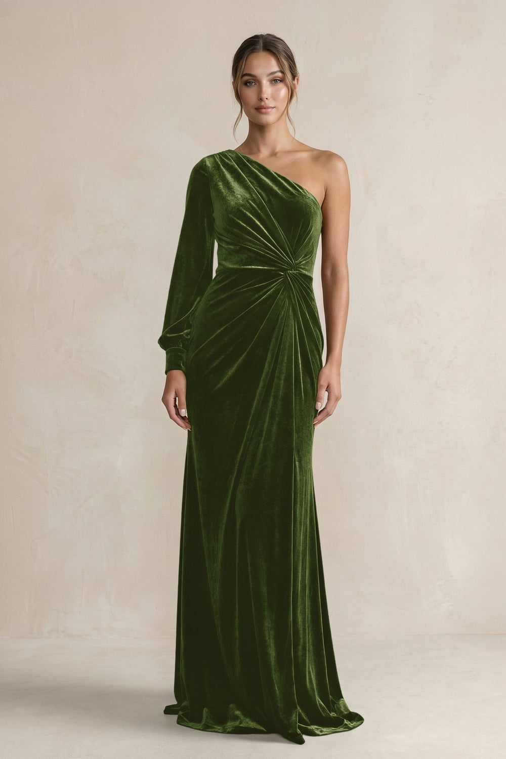 Velvet One Shoulder Sheath Long Sleeve Bridesmaid Dress in Olive - KissProm Bridesmaid Dresses