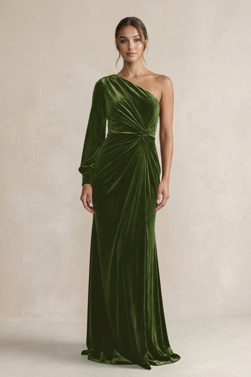 Velvet One Shoulder Sheath Long Sleeve Bridesmaid Dress in Olive - KissProm Bridesmaid Dresses