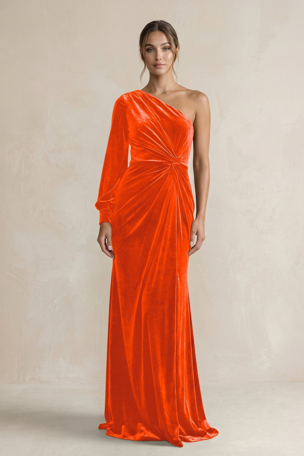 Velvet One Shoulder Sheath Long Sleeve Bridesmaid Dress in Orange - KissProm Bridesmaid Dresses