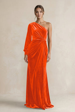 Velvet One Shoulder Sheath Long Sleeve Bridesmaid Dress in Orange - KissProm Bridesmaid Dresses