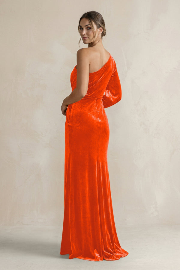 Velvet One Shoulder Sheath Long Sleeve Bridesmaid Dress in Orange - KissProm Bridesmaid Dresses