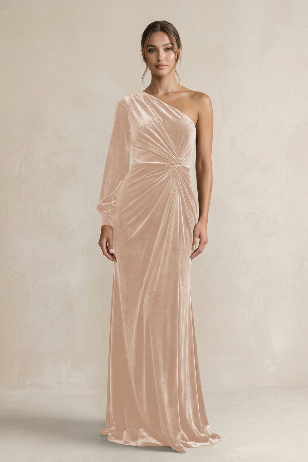 Velvet One Shoulder Sheath Long Sleeve Bridesmaid Dress in Pale Blush - KissProm Bridesmaid Dresses
