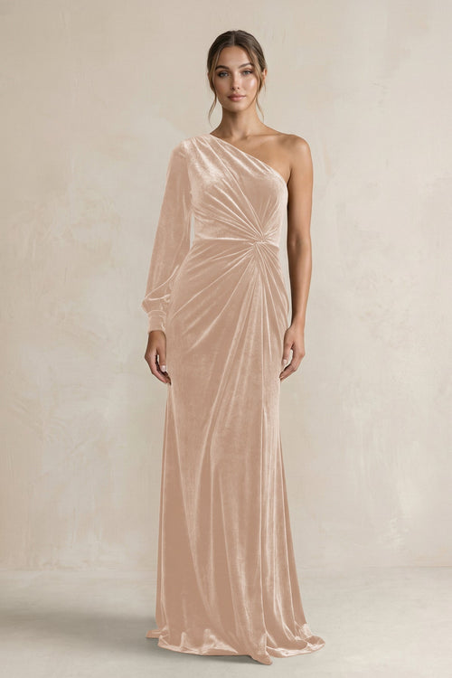 Velvet One Shoulder Sheath Long Sleeve Bridesmaid Dress in Pale Blush - KissProm Bridesmaid Dresses