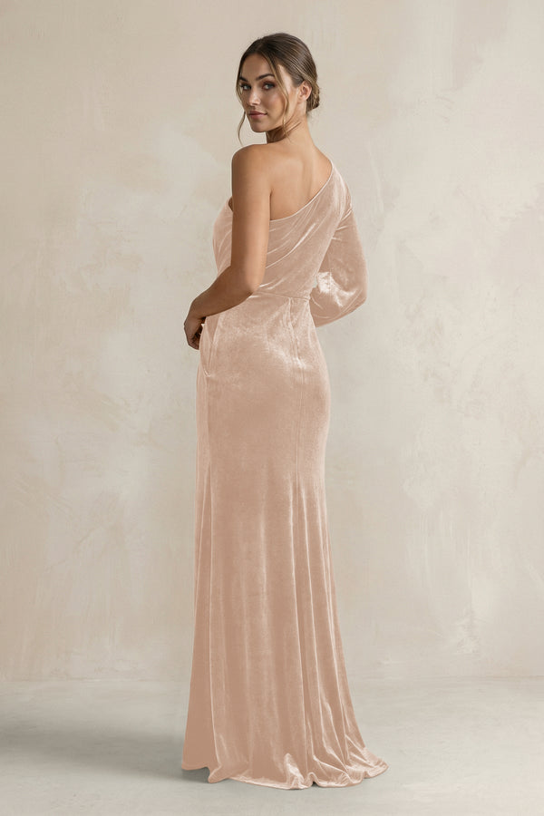 Velvet One Shoulder Sheath Long Sleeve Bridesmaid Dress in Pale Blush - KissProm Bridesmaid Dresses