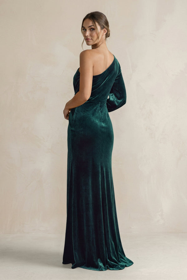 Velvet One Shoulder Sheath Long Sleeve Bridesmaid Dress in Pine - KissProm Bridesmaid Dresses