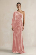 Velvet One Shoulder Sheath Long Sleeve Bridesmaid Dress in Rose Petal - KissProm Bridesmaid Dresses