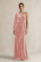 Velvet One Shoulder Sheath Long Sleeve Bridesmaid Dress in Rose Petal - KissProm Bridesmaid Dresses