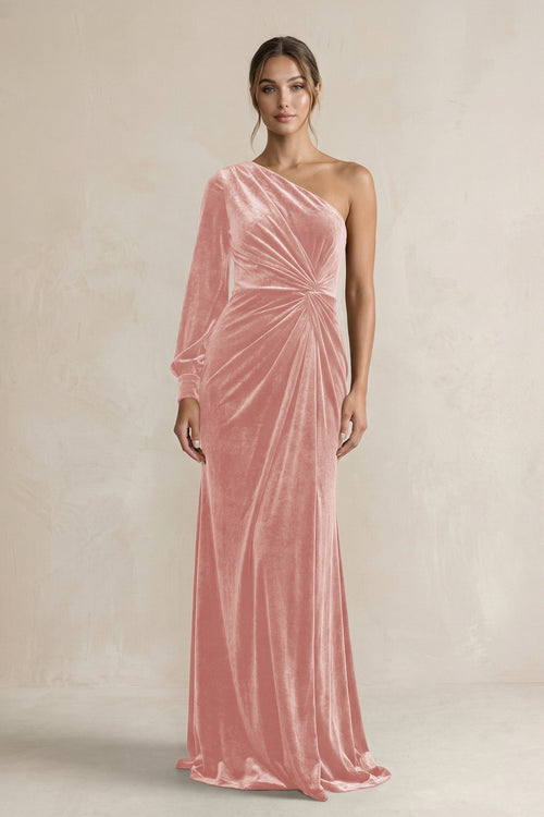 Velvet One Shoulder Sheath Long Sleeve Bridesmaid Dress in Rose Petal - KissProm Bridesmaid Dresses