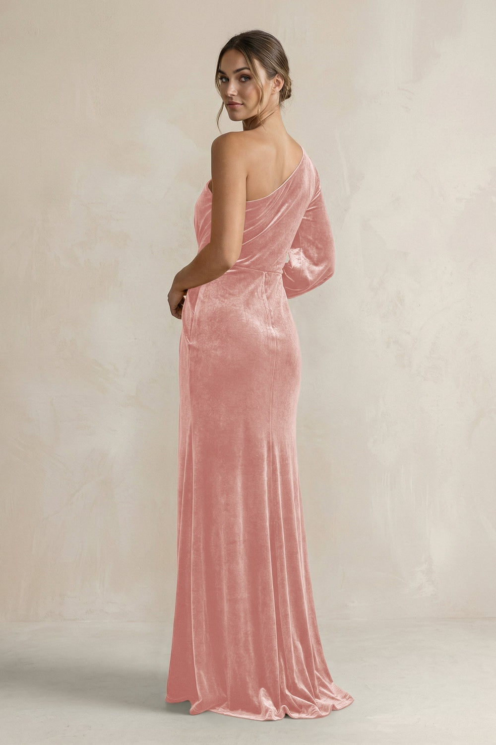 Velvet One Shoulder Sheath Long Sleeve Bridesmaid Dress in Rose Petal - KissProm Bridesmaid Dresses