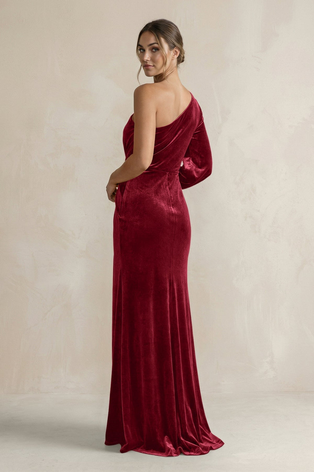 Velvet One Shoulder Sheath Long Sleeve Bridesmaid Dress in Rosewood - KissProm Bridesmaid Dresses
