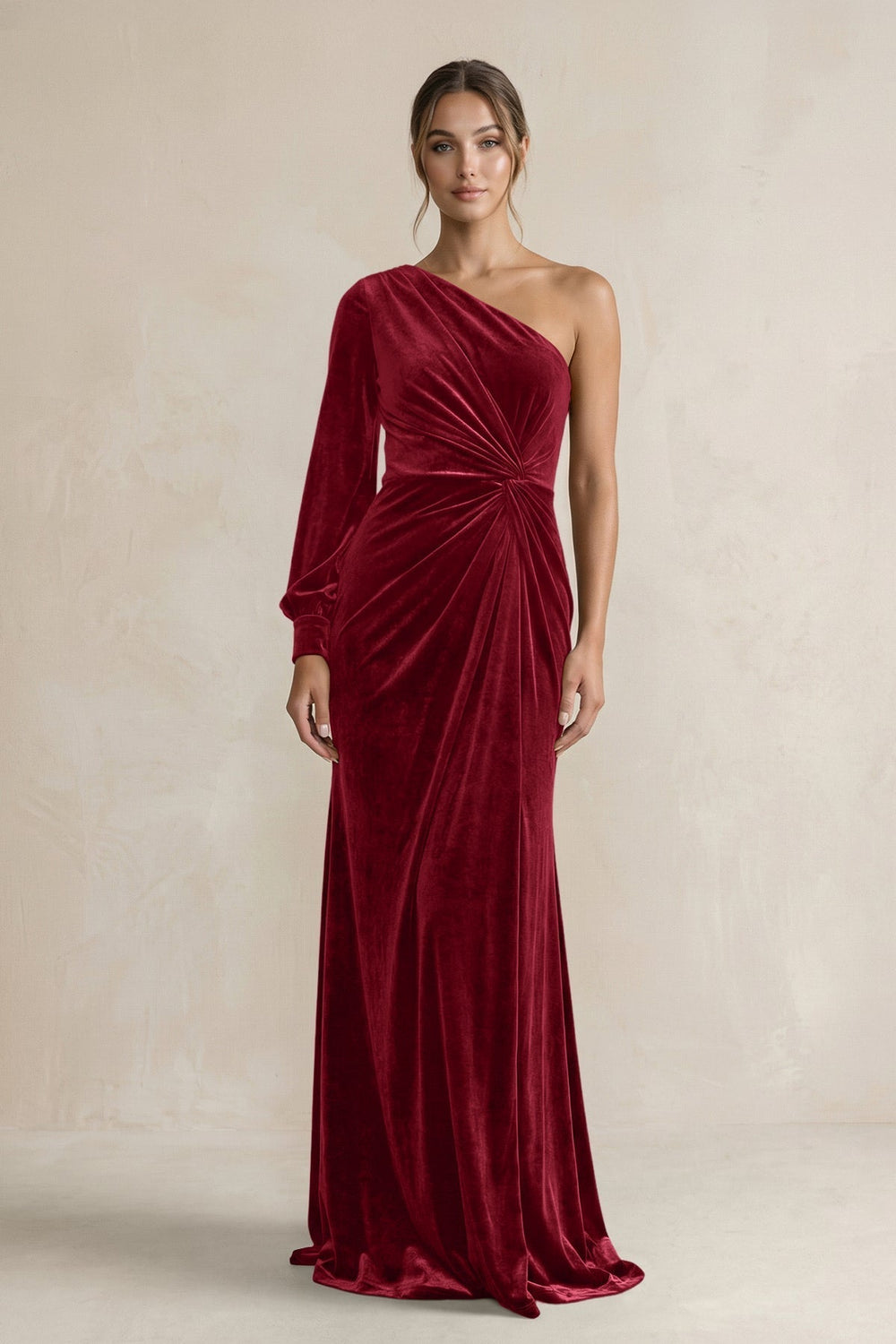 Velvet One Shoulder Sheath Long Sleeve Bridesmaid Dress in Rosewood - KissProm Bridesmaid Dresses