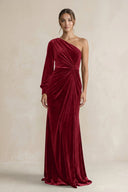 Velvet One Shoulder Sheath Long Sleeve Bridesmaid Dress in Rosewood - KissProm Bridesmaid Dresses