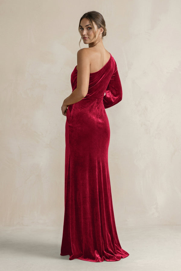 Velvet One Shoulder Sheath Long Sleeve Bridesmaid Dress in Ruby Red - KissProm Bridesmaid Dresses