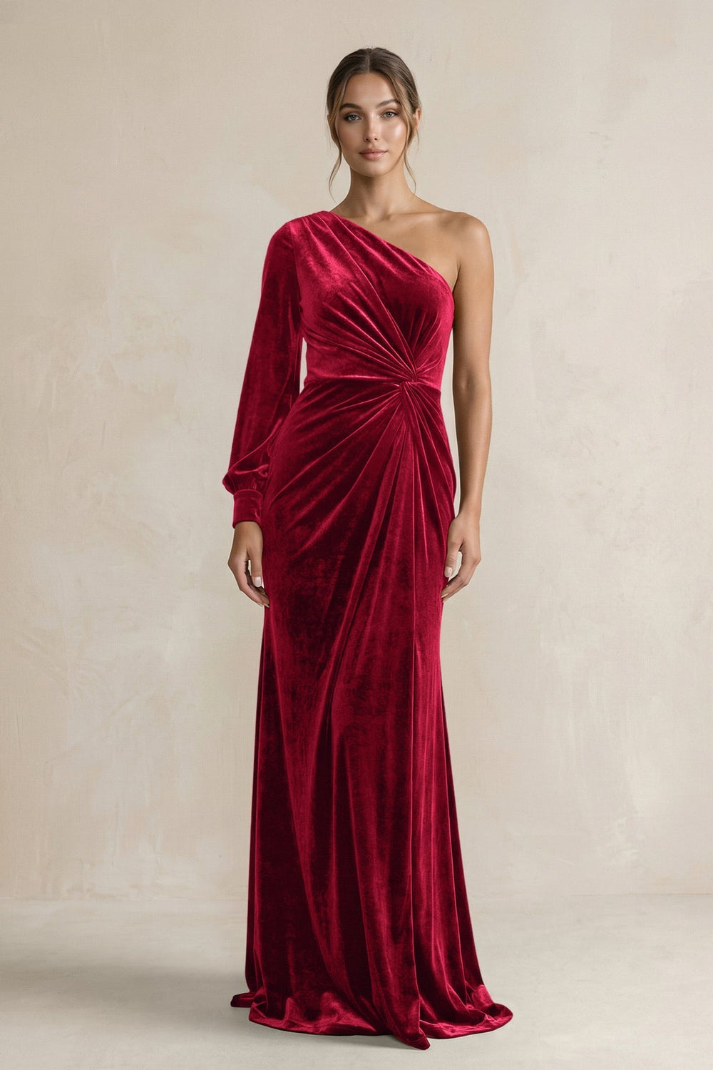 Velvet One Shoulder Sheath Long Sleeve Bridesmaid Dress in Ruby Red - KissProm Bridesmaid Dresses