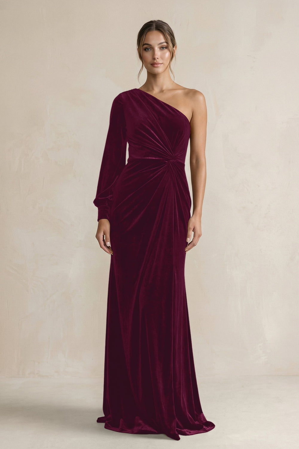 Velvet One Shoulder Sheath Long Sleeve Bridesmaid Dress in Sangria - KissProm Bridesmaid Dresses