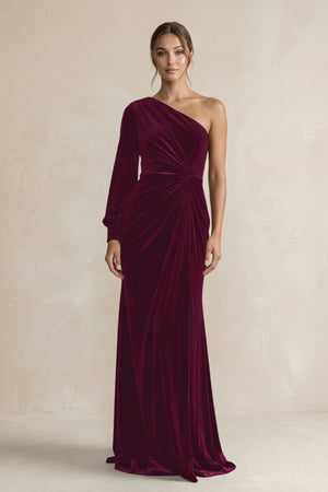 Velvet One Shoulder Sheath Long Sleeve Bridesmaid Dress in Sangria - KissProm Bridesmaid Dresses