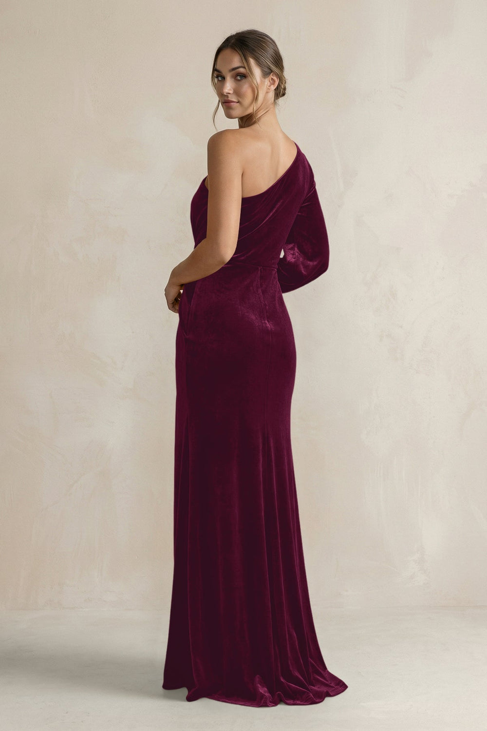 Velvet One Shoulder Sheath Long Sleeve Bridesmaid Dress in Sangria - KissProm Bridesmaid Dresses