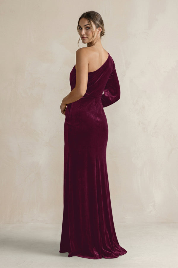 Velvet One Shoulder Sheath Long Sleeve Bridesmaid Dress in Sangria - KissProm Bridesmaid Dresses