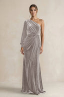 Velvet One Shoulder Sheath Long Sleeve Bridesmaid Dress in Silver - KissProm Bridesmaid Dresses