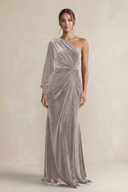 Velvet One Shoulder Sheath Long Sleeve Bridesmaid Dress in Silver - KissProm Bridesmaid Dresses