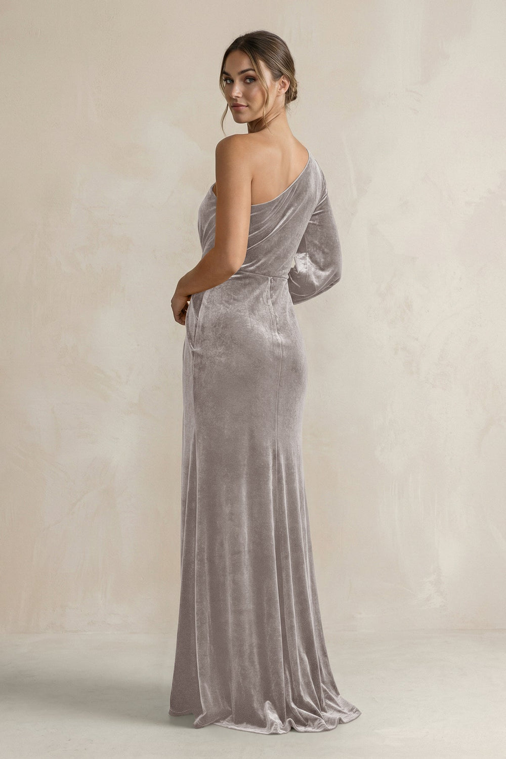 Velvet One Shoulder Sheath Long Sleeve Bridesmaid Dress in Silver - KissProm Bridesmaid Dresses
