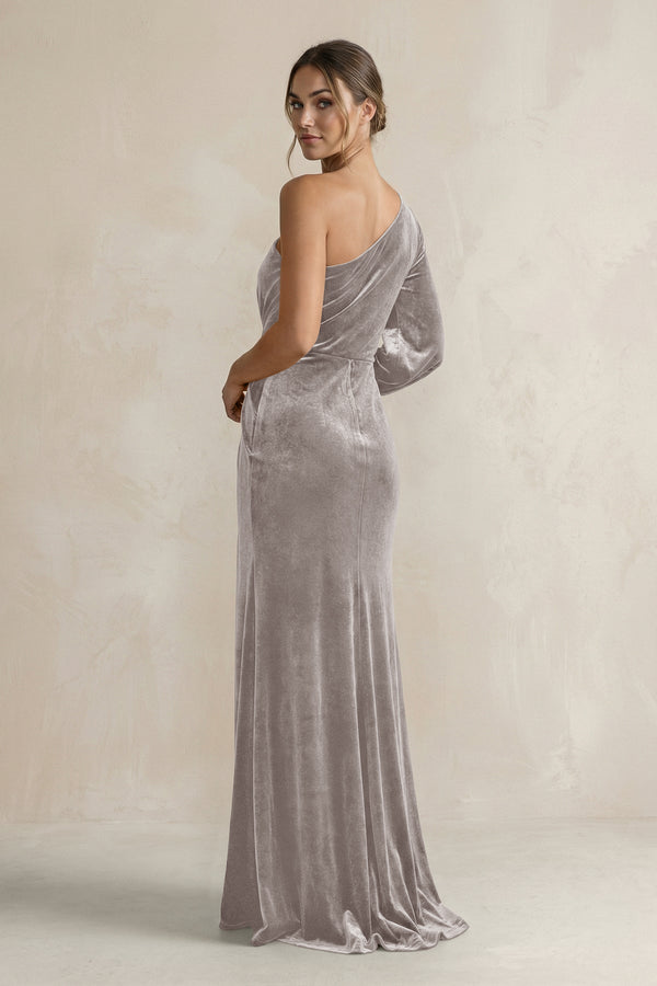Velvet One Shoulder Sheath Long Sleeve Bridesmaid Dress in Silver - KissProm Bridesmaid Dresses