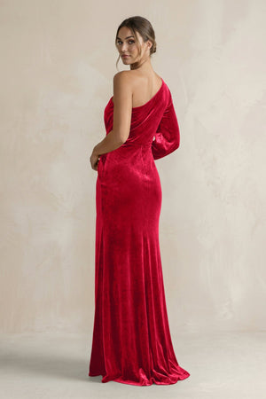 Velvet One Shoulder Sheath Long Sleeve Bridesmaid Dress in Spice - KissProm Bridesmaid Dresses