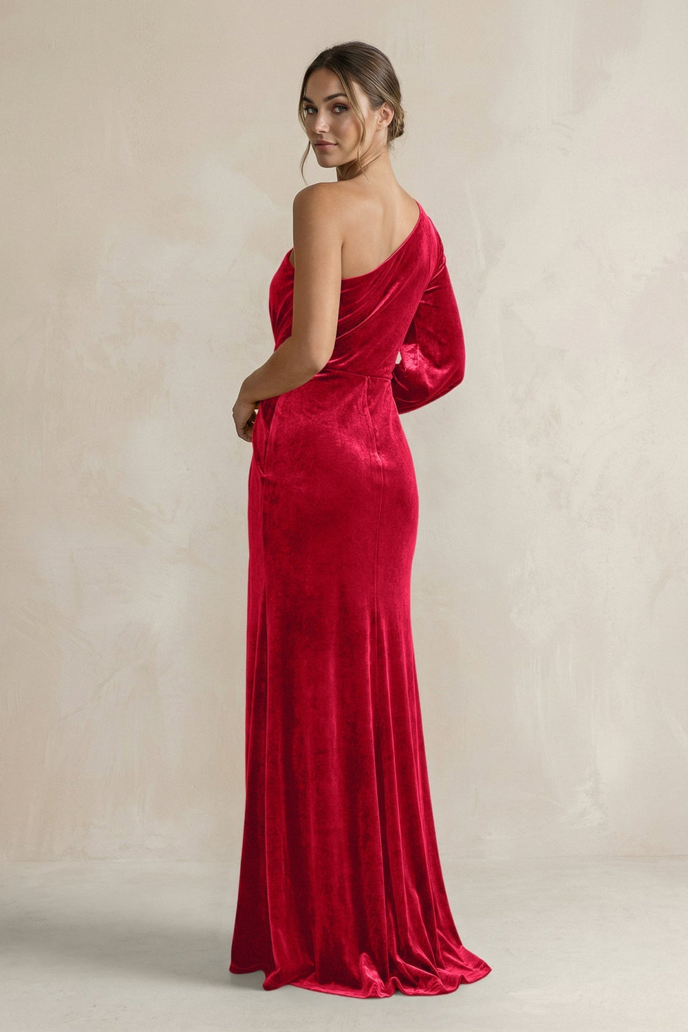 Velvet One Shoulder Sheath Long Sleeve Bridesmaid Dress in Spice - KissProm Bridesmaid Dresses