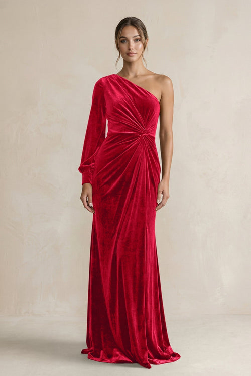 Velvet One Shoulder Sheath Long Sleeve Bridesmaid Dress in Spice - KissProm Bridesmaid Dresses