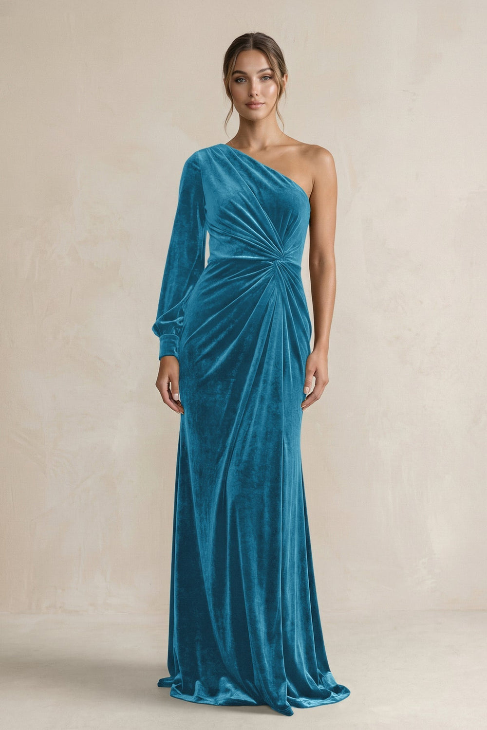 Velvet One Shoulder Sheath Long Sleeve Bridesmaid Dress in Steel Blue - KissProm Bridesmaid Dresses