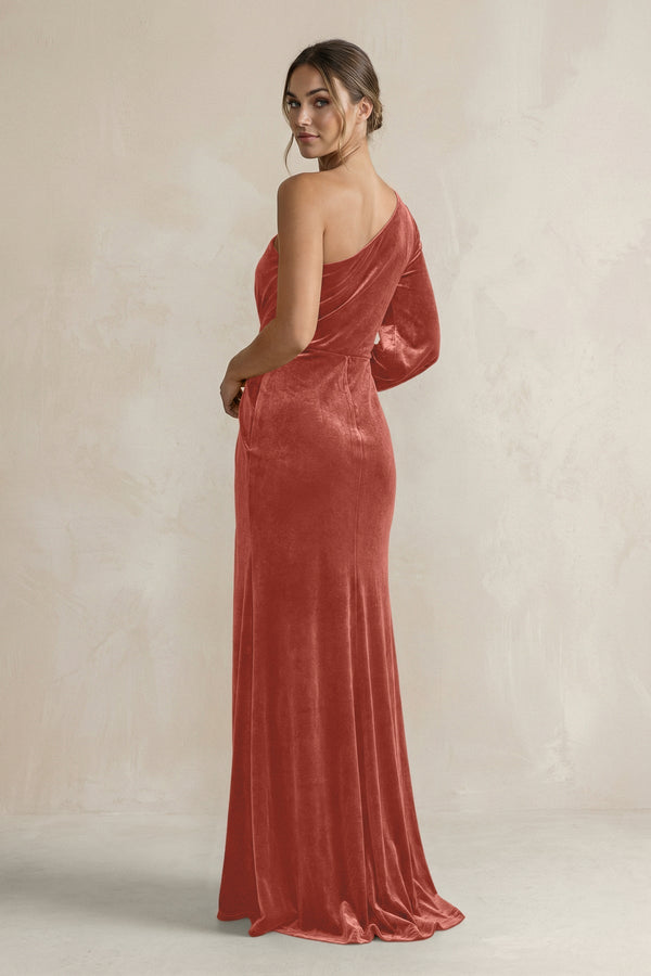 Velvet One Shoulder Sheath Long Sleeve Bridesmaid Dress in Terracotta - KissProm Bridesmaid Dresses