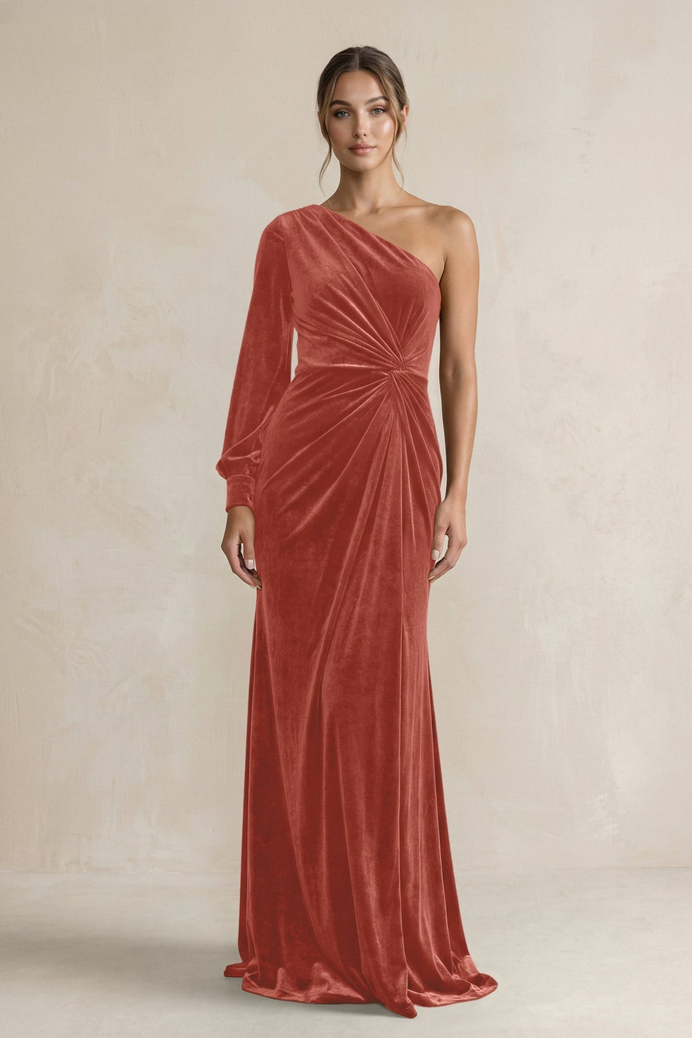 Velvet One Shoulder Sheath Long Sleeve Bridesmaid Dress in Terracotta - KissProm Bridesmaid Dresses