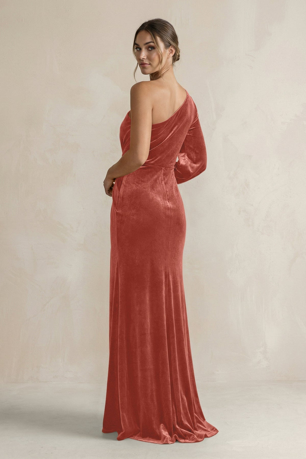 Velvet One Shoulder Sheath Long Sleeve Bridesmaid Dress in Terracotta - KissProm Bridesmaid Dresses