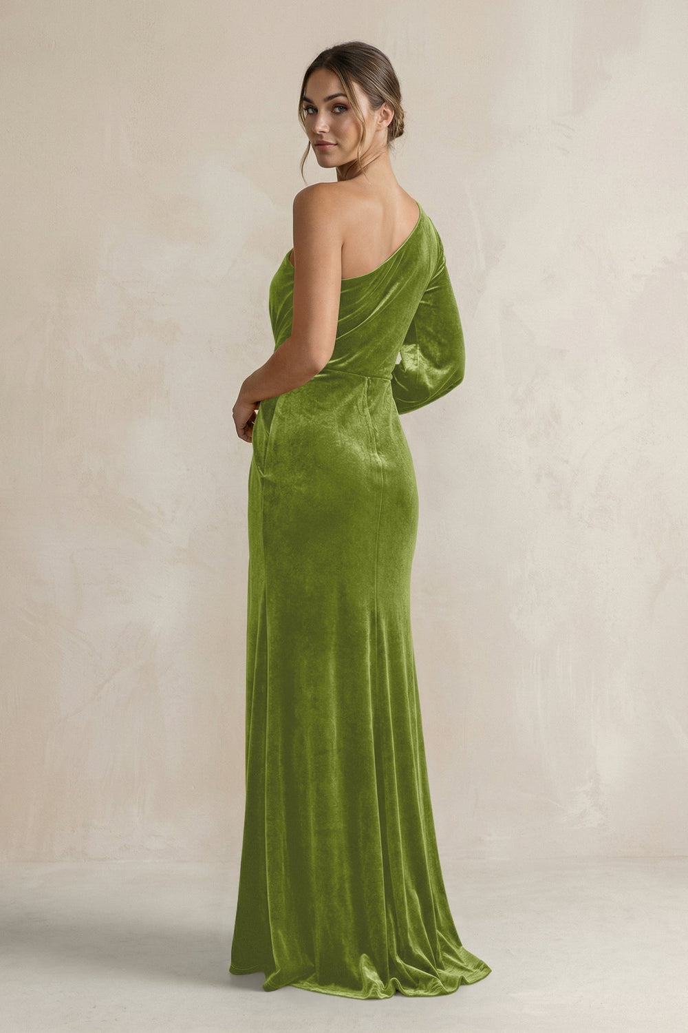 Velvet One Shoulder Sheath Long Sleeve Bridesmaid Dress in Thyme - KissProm Bridesmaid Dresses