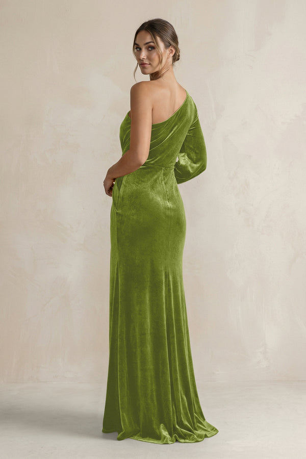 Velvet One Shoulder Sheath Long Sleeve Bridesmaid Dress in Thyme - KissProm Bridesmaid Dresses