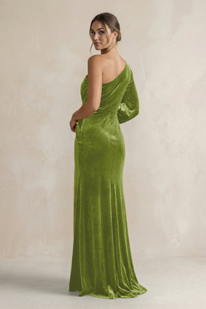 Velvet One Shoulder Sheath Long Sleeve Bridesmaid Dress in Thyme - KissProm Bridesmaid Dresses