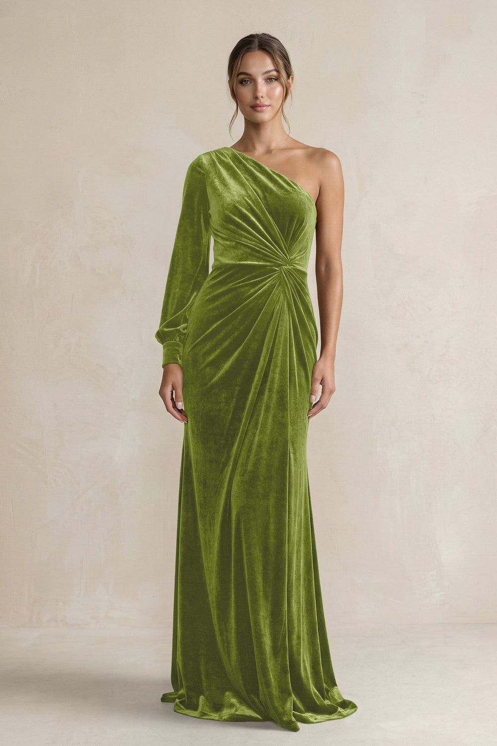 Velvet One Shoulder Sheath Long Sleeve Bridesmaid Dress in Thyme - KissProm Bridesmaid Dresses