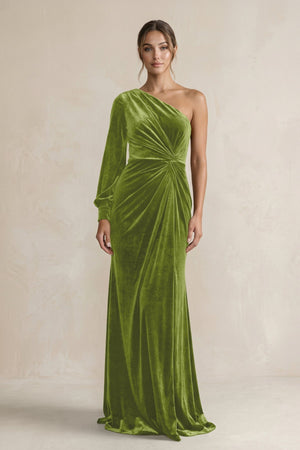 Velvet One Shoulder Sheath Long Sleeve Bridesmaid Dress in Thyme - KissProm Bridesmaid Dresses