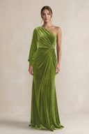 Velvet One Shoulder Sheath Long Sleeve Bridesmaid Dress in Thyme - KissProm Bridesmaid Dresses