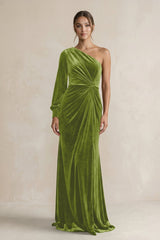 Velvet One Shoulder Sheath Long Sleeve Bridesmaid Dress in Thyme - KissProm Bridesmaid Dresses
