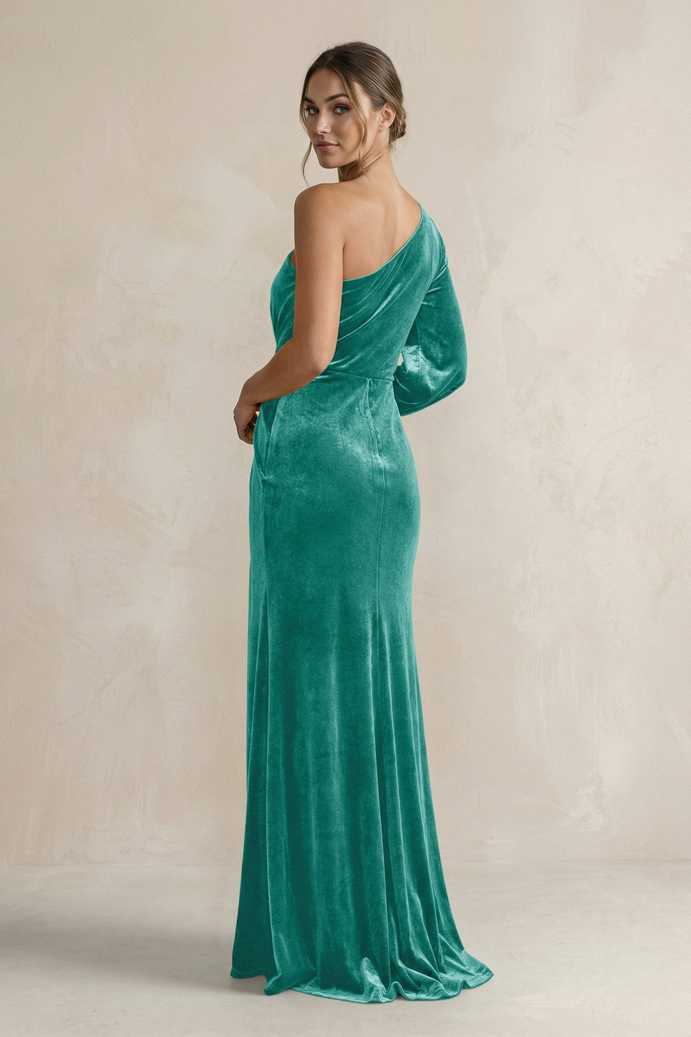 Velvet One Shoulder Sheath Long Sleeve Bridesmaid Dress in Turquoise - KissProm Bridesmaid Dresses