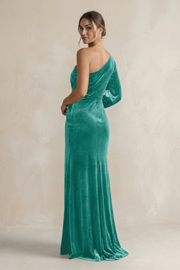 Velvet One Shoulder Sheath Long Sleeve Bridesmaid Dress in Turquoise - KissProm Bridesmaid Dresses