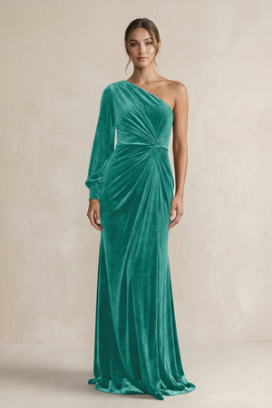 Velvet One Shoulder Sheath Long Sleeve Bridesmaid Dress in Turquoise - KissProm Bridesmaid Dresses