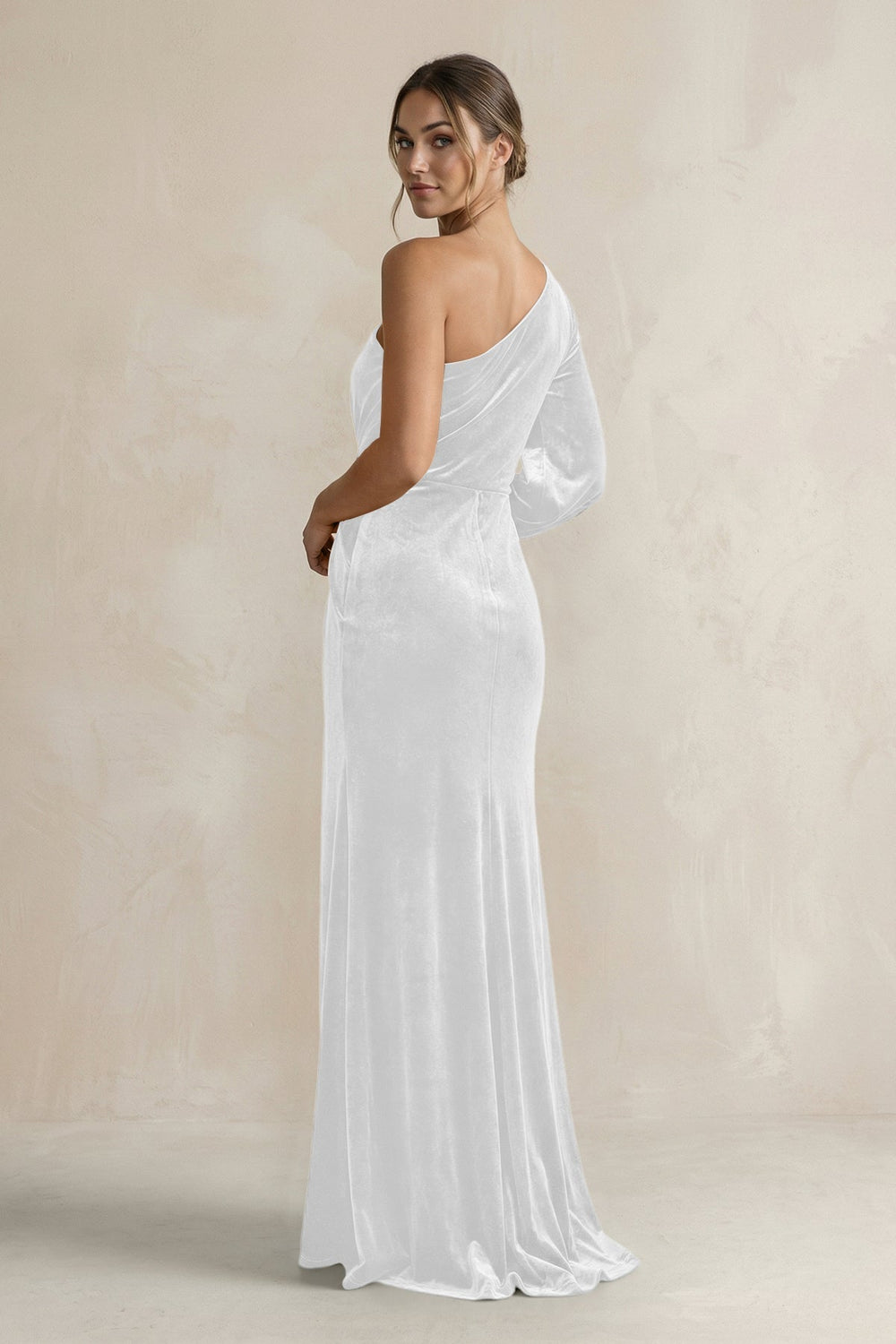 Velvet One Shoulder Sheath Long Sleeve Bridesmaid Dress in White - KissProm Bridesmaid Dresses