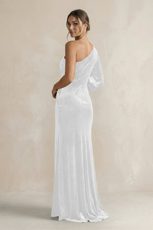 Velvet One Shoulder Sheath Long Sleeve Bridesmaid Dress in White - KissProm Bridesmaid Dresses
