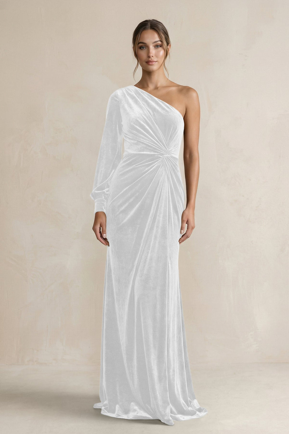 Velvet One Shoulder Sheath Long Sleeve Bridesmaid Dress in White - KissProm Bridesmaid Dresses